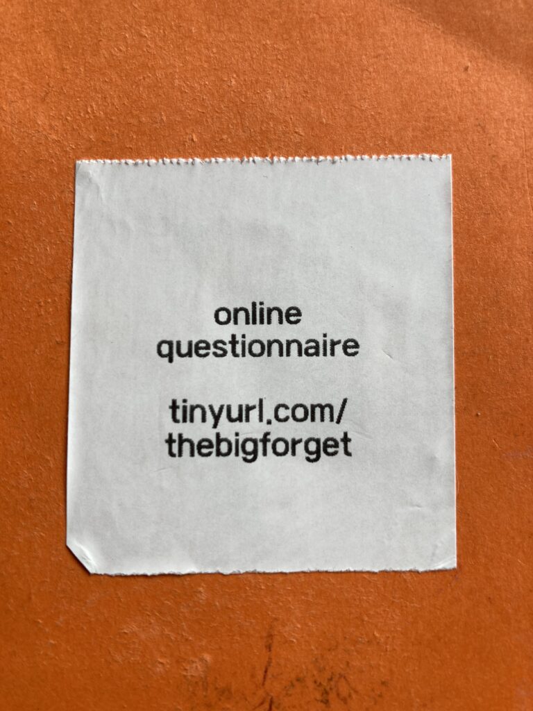 online questionnaire
tinyurl.com/thebigforget
