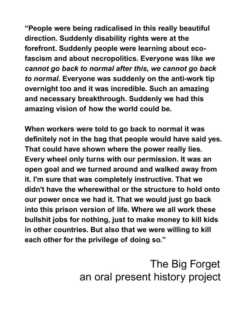 People were being radicalised in this really beautiful direction. Suddenly disability rights were at the forefront. Suddenly people were learning about eco-fascism and about necropolitics. Everyone was like we cannot go back to normal after this, we cannot go back to normal. Everyone was suddenly on the anti-work tip overnight too and it was incredible. Such an amazing and necessary breakthrough. Suddenly we had this amazing vision of how the world could be. 

When workers were told to go back to normal it was definitely not in the bag that people would have said yes. That could have shown where the power really lies. Every wheel only turns with our permission. It was an open goal and we turned around and walked away from it. I'm sure that was completely instructive. That we didn't have the wherewithal or the structure to hold onto our power once we had it. That we would just go back into this prison version of life. Where we all work these bullshit jobs for nothing, just to make money to kill kids in other countries. But also that we were willing to kill each other for the privilege of doing so.”